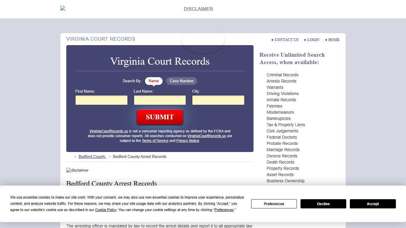 Bedford County Arrest Records VirginiaCourtRecords.us
